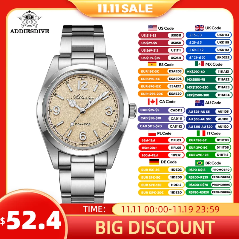 

ADDIESDIVE New Men Watch 36mm Quartz Dome Glass Super Luminous Diving 100m Waterproof Stainless Steel VH31 Wristwatch New AD2518