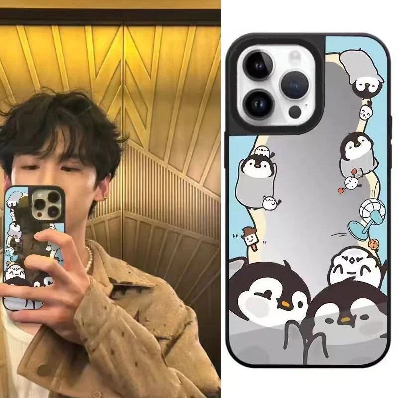 

Cute Penguin Mirror Black Border iPhone 11 12 13 14 15 Pro Max Protective Mobile Phone Case Cover Shell