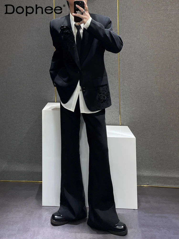 

Men's 2025 Autumn New High-End 2pcs Suit Jacket Pants Sets Men's Embroidered Three-Dimensional Flower Solid Color Chic Suit Sets
