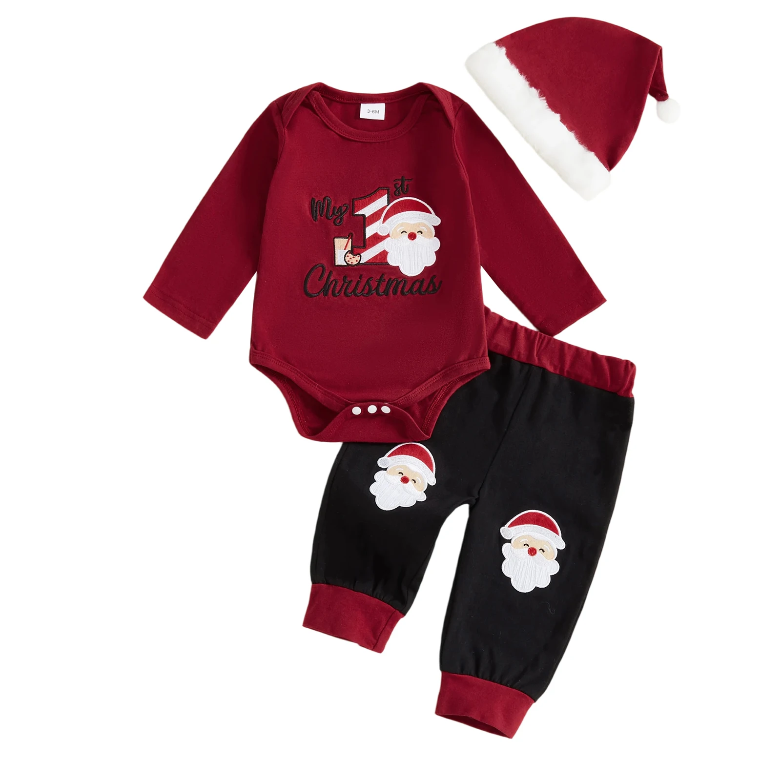

Baby Boy Christmas Clothes Letter Santa Embroidery Long Sleeve Romper Long Pants and Hat 3Pcs Outfit