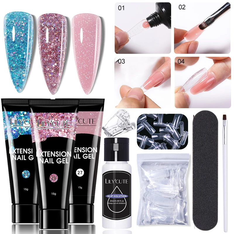 LILYCUTE 15 ミリリットルクリアナチュラルグリッタークイックエクステンションジェルマニキュアマニキュアセット職業指延長ネイルアートツールキット