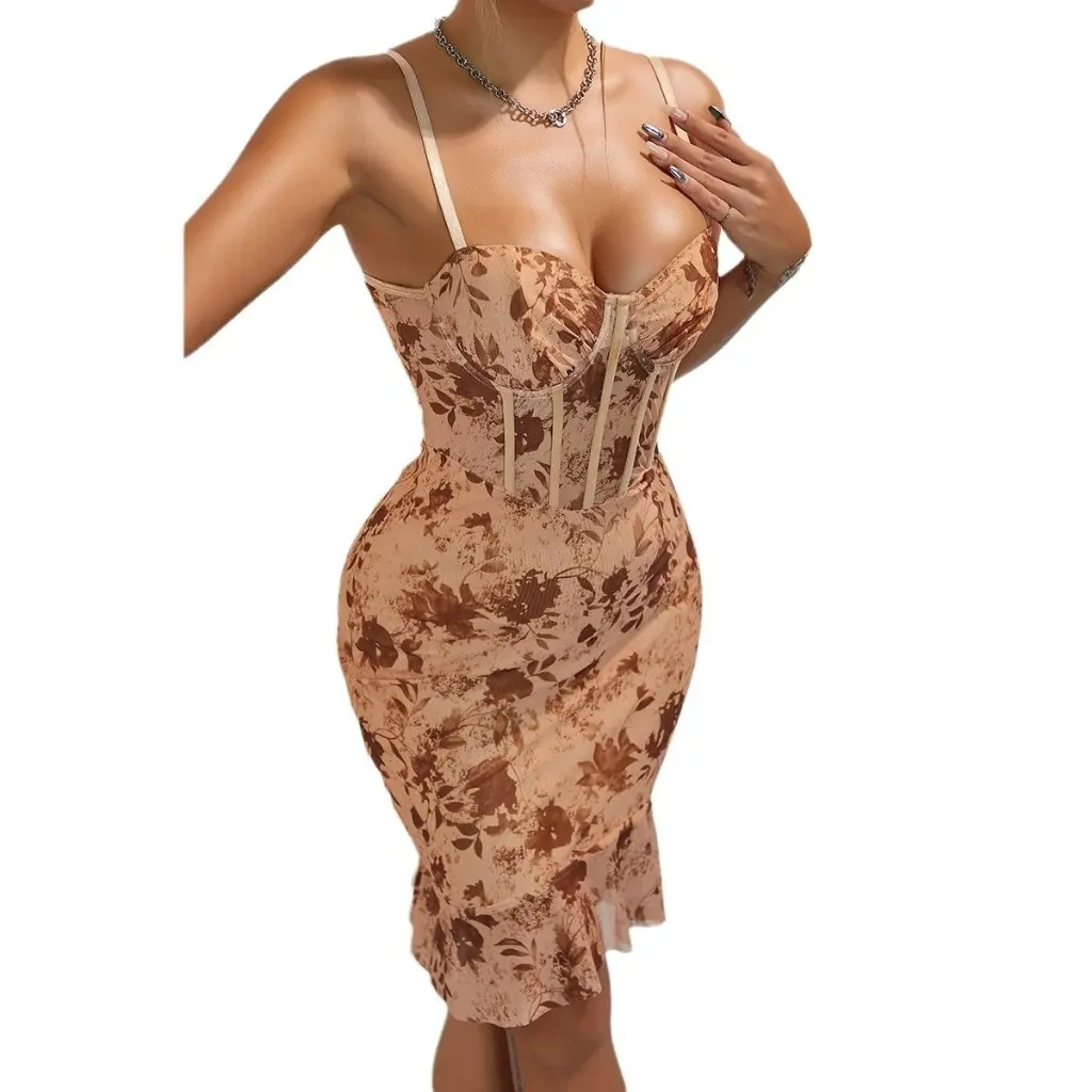 Spring Summer Printed Mesh Patchwork Camisole Dress European American Style Leisure Vacation Bodycon Women's Skirt