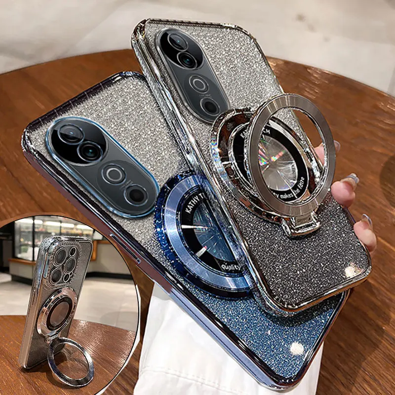 V40 Case With Ring Magnetic Bracket,Luxury Glitter Cover For VIVO V40 SE V30 V29 LITE V30E iQOO Neo9 Pro Y200 Case Luxury Holder