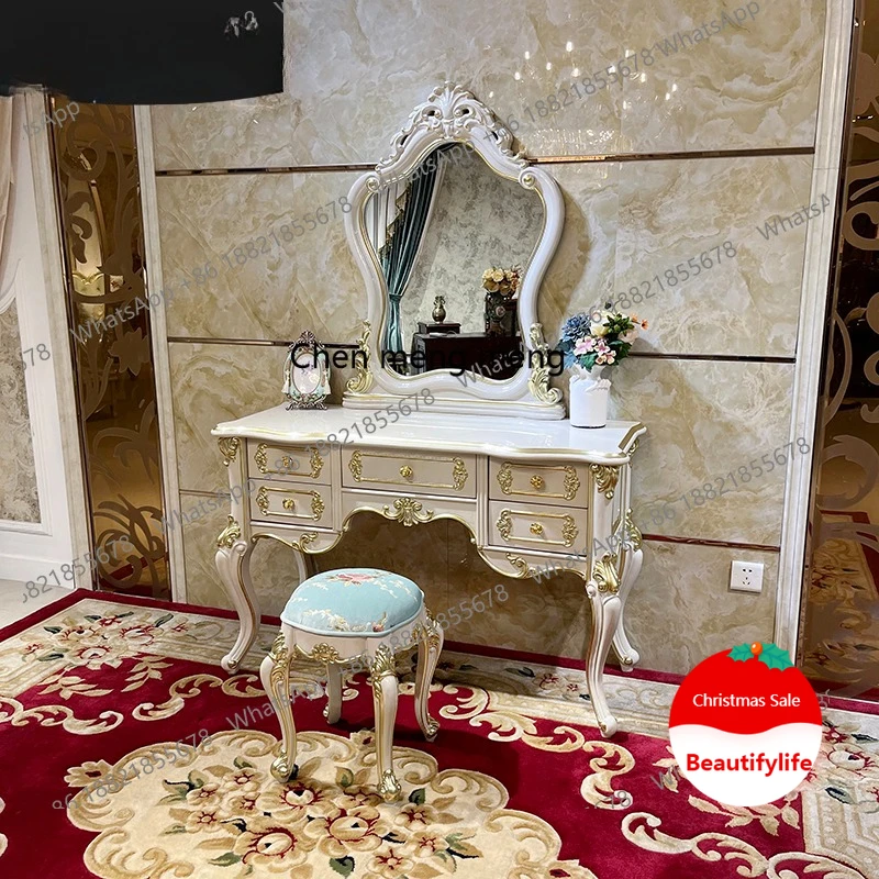 

French solid wood dresser European luxury simple carved curved combination bedroom dressing table furniture