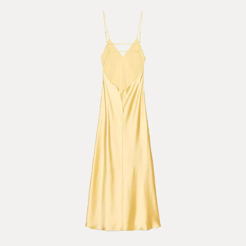 Summer 2025 Women's V-ne Midi Dr Silk Satin Texture Midi Dr European Sle No-sve Polyester Fiber Single Piece