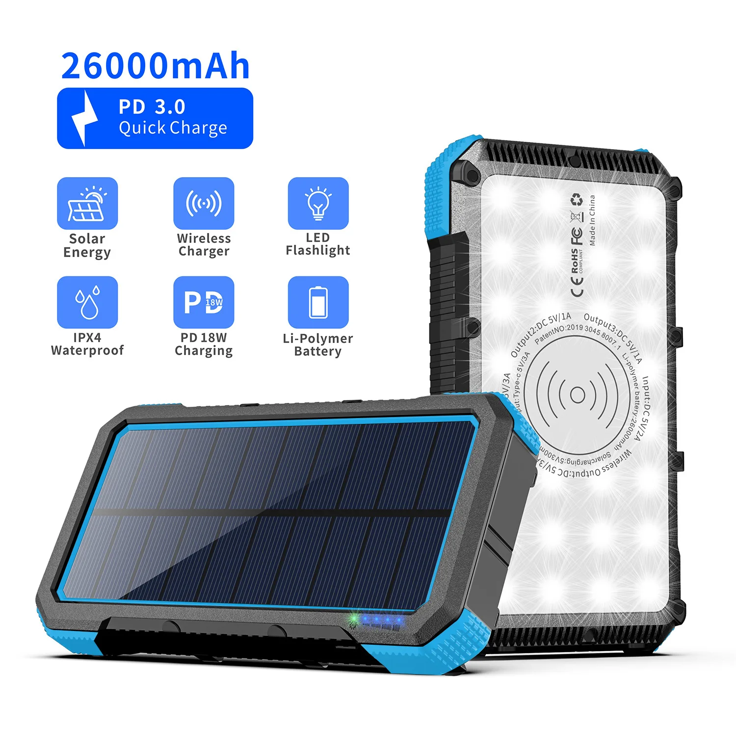 Camping Wireless Solar Power Bank 22000mah Fast Charging Portable Charger ip65 Waterproof For Smart Phones