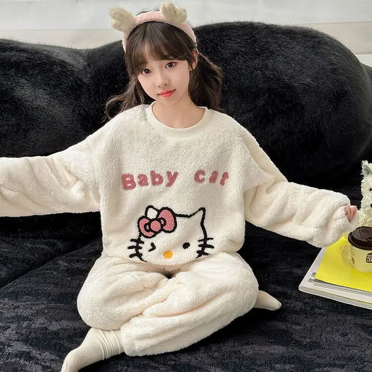 2Pcs Kawaii Hello Kitty Kids Flannel Pajamas Pants Cartoon Anime Sanrio Winter Teen White Warm Pajama Set Children's Homewear