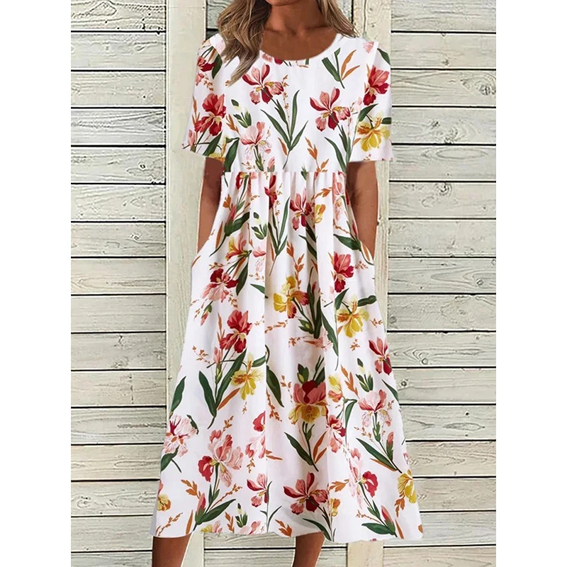 Elegante boho feminino verão maxi vestido longo casual solto floral impressão o pescoço praia vestido de férias manga curta vestidos de bolso