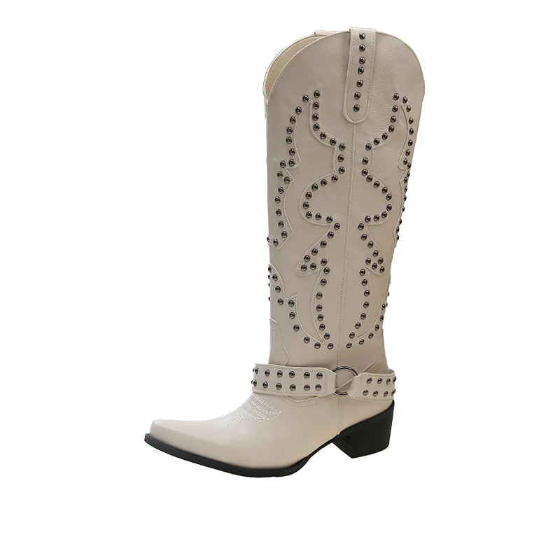 Autumn Winter Belt Buckle Rivet Women Western Cowboy Boots Fashion Slip on Thick Heel Shoes Embroidery Knight Botas - view 6