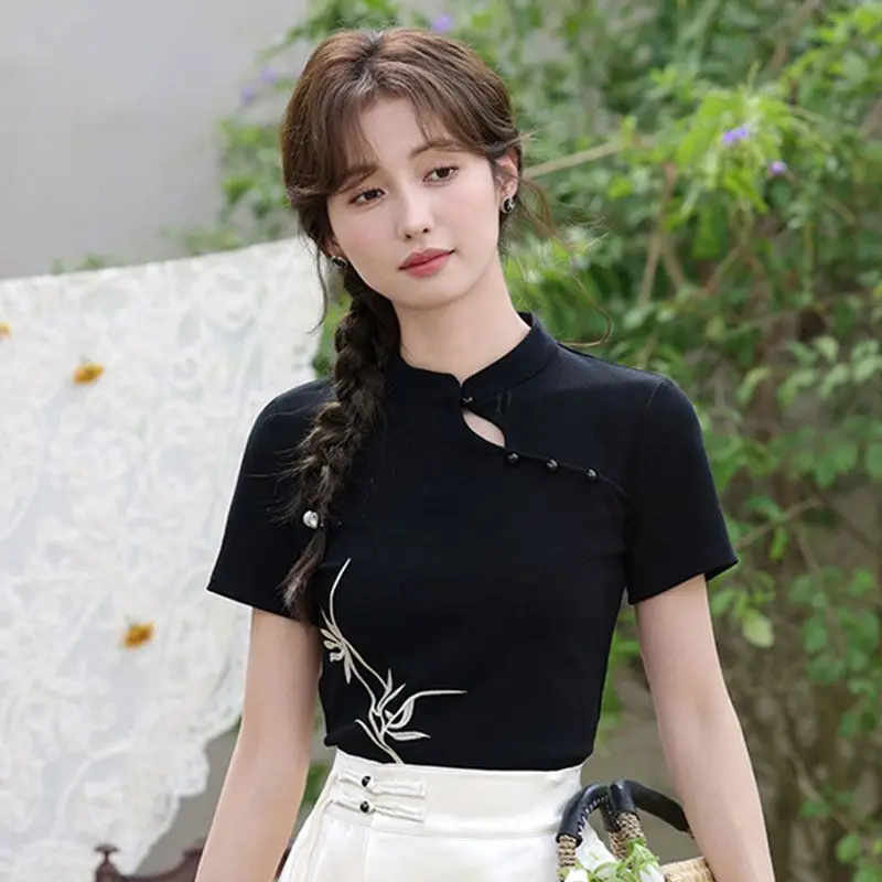 เสื้อยืดคอจีนผ้าฝ้ายแท้สำหรับผู้หญิง ดีไซน์ใหม่สไตล์จีน ทรงเข้ารูป ใส่ได้หลากหลาย ดีไซน์แบบดั้งเดิม