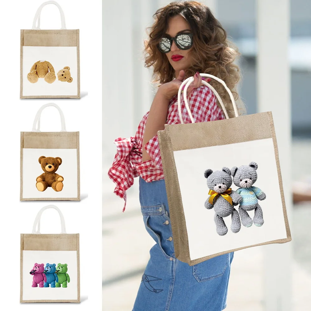 Large Capacity Tote Bag Environmental Protection Linen Bag Handbag Lightweight Commuting Shoulder Bag Bear Series