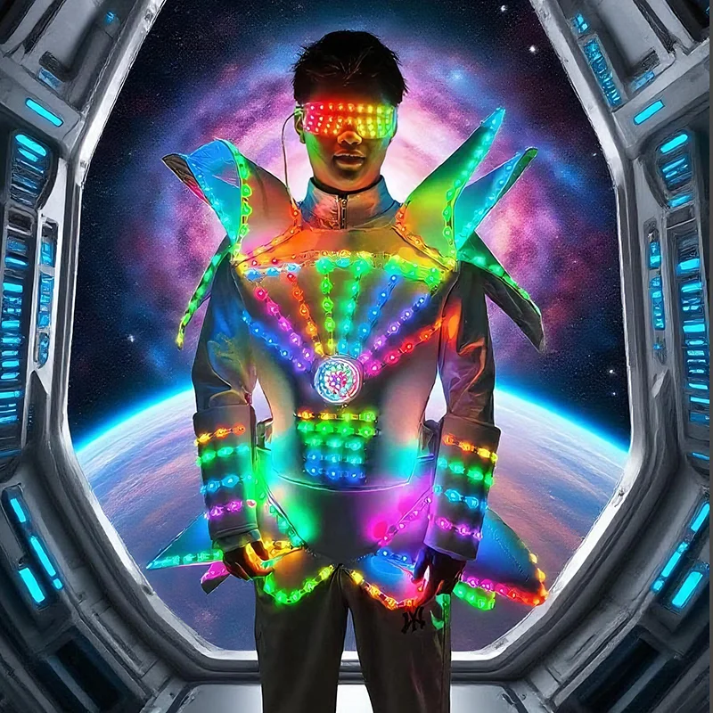 

Светодиодный доспех робота, полный комплект с регулируемым освещением, шлем, электронный светящийся костюм для косплея, сценического шоу, клубной вечеринки