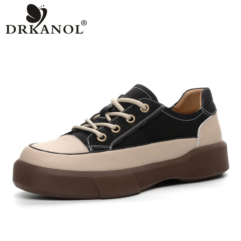 DRKANOL moda donna scarpe basse primavera autunno colori misti vera pelle di mucca stringate scarpe Casual calzature taglia grande 35-43