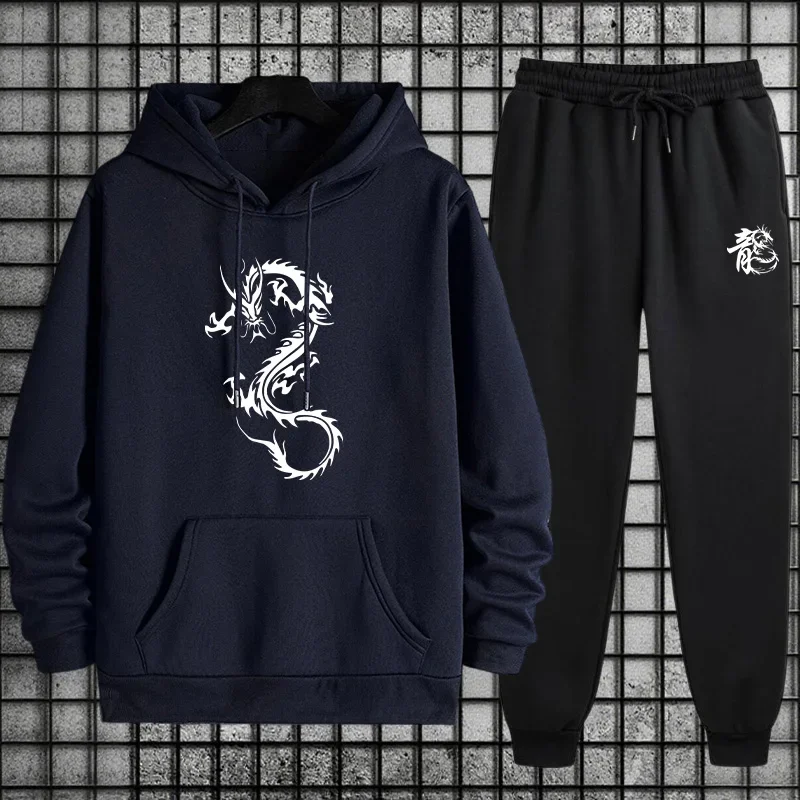 طقم بدلة رياضية رجالية من التنين الصيني بقلنسوة مريح وخصر مطاطي للركض لملابس المنزل في الخريف والشتاء ملابس دافئة غير رسمية #4