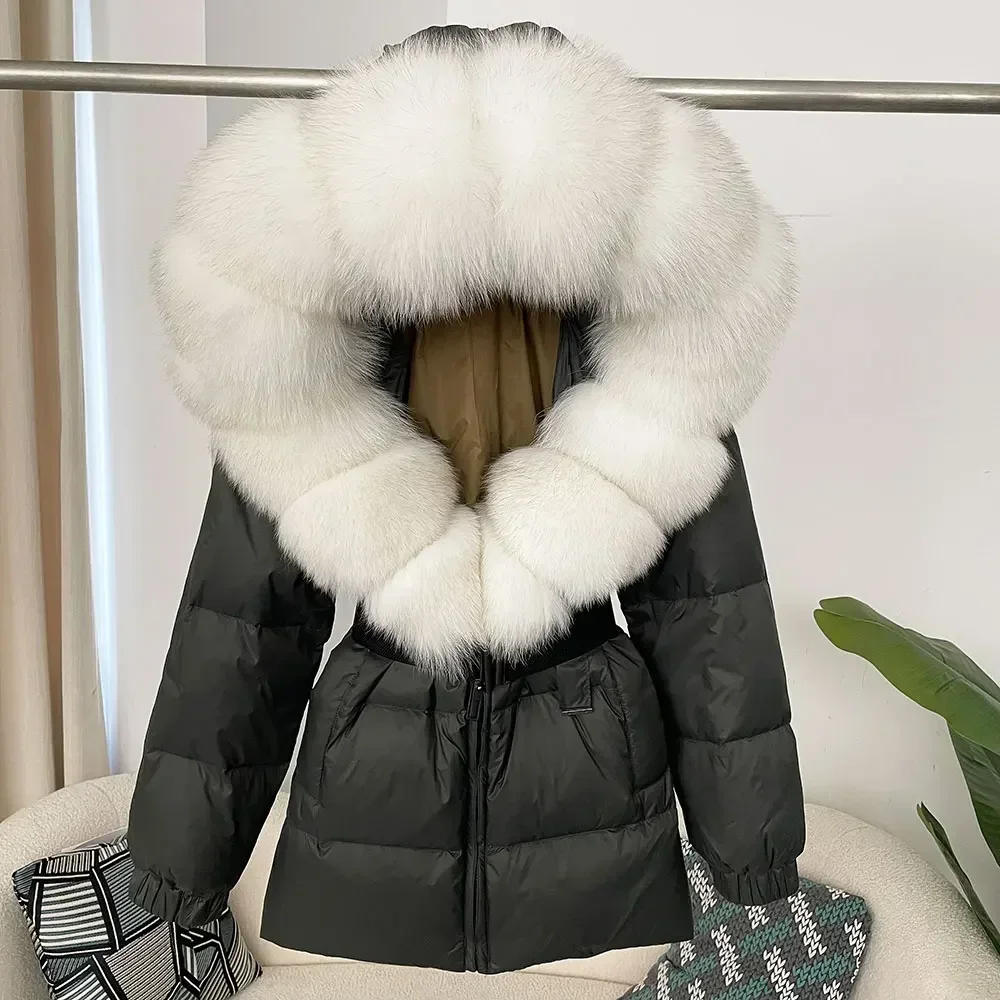 Oftbuy 2024 inverno puffer jaqueta feminina pele de raposa real com capuz grosso quente pato branco para baixo casaco feminino parkas jaqueta de pele à prova dwaterproof água