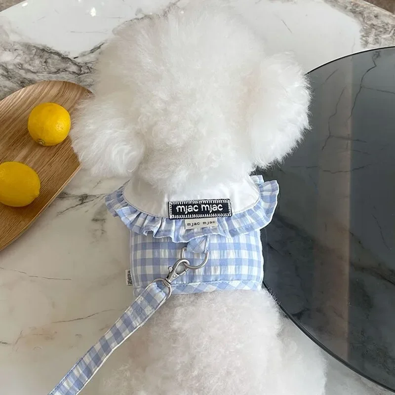 1/Se tPet Dog Lapel Plaid Clothing Summer Breathable Traction Rope Teddy Bear Dog Cat Going Out Chest Back Dog Harness Leash