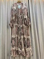 New Bohemian Summer French Print Pleated Maxi Dress Female Elegante Lantern Sleeve Loose A-line Dresses For Woman Party Clothing