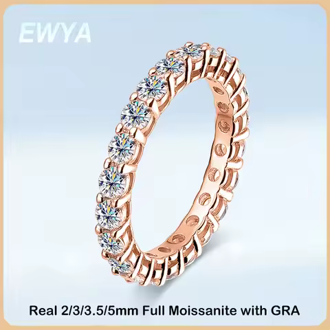 EWYA Sparkling 2.2cttw 3mm D Color Moissanite Ring Full Eternity Diamond Wedding Band For Women 925 Silver Plated 18K Gold Rings