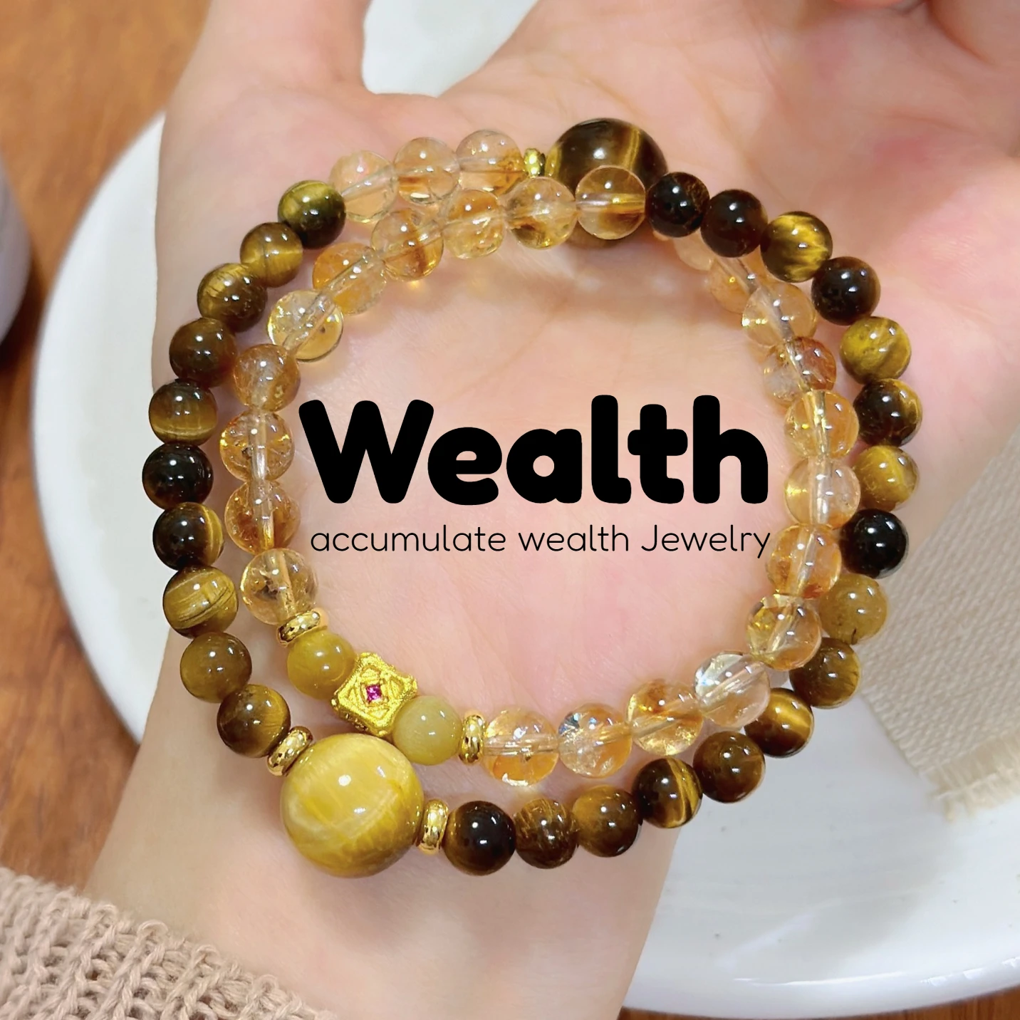 Natural Stone 2-Layer Beaded Bracelet Crystal Tiger Eye Stone Citrine Round Ring Strand Elastic Bangles Wrist Wealth Jewelry INS