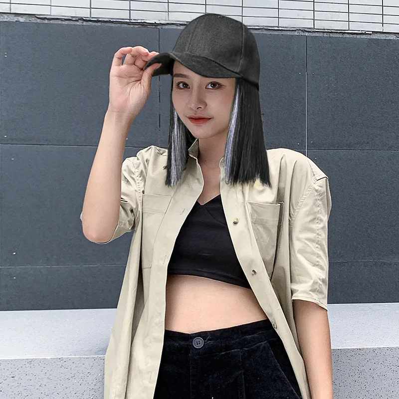 Fashion Baseball Cap with Bob Wig for Women Extensions Adjustable Collarbone Hair Hat Girls Short Straight Hair Wig Cap Hair Wig