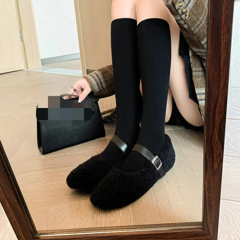 QUTAA 2023 Winter Warm Wool Women Flat Heels Outdoor Leisure Office Ladies Genuine Leather Thick Casual Shoes Woman Size 34-39