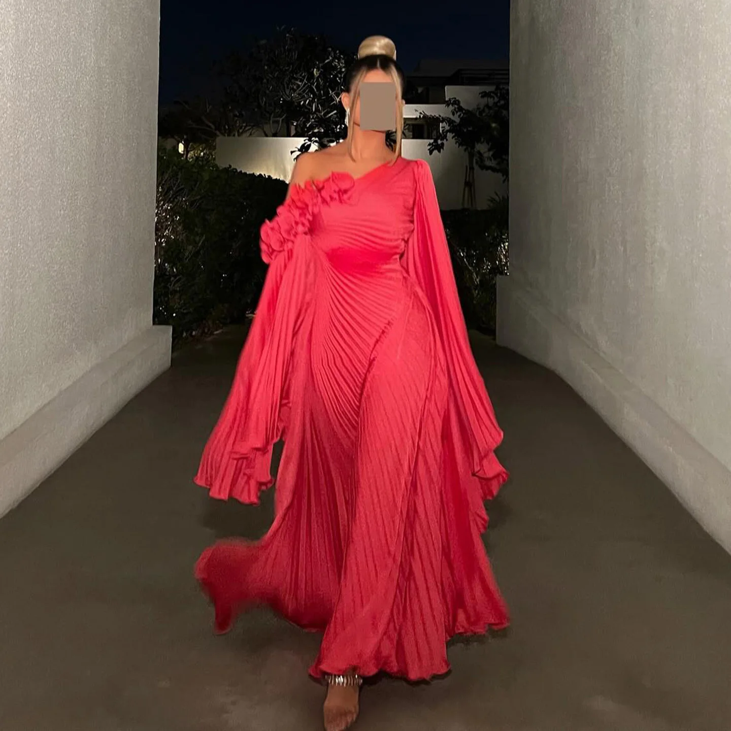 

Sharon Said Red 3D Flower One Shoulder Dubai Evening Dress with Flare Sleeve for Women Wedding Formal Gown SF114 Customized