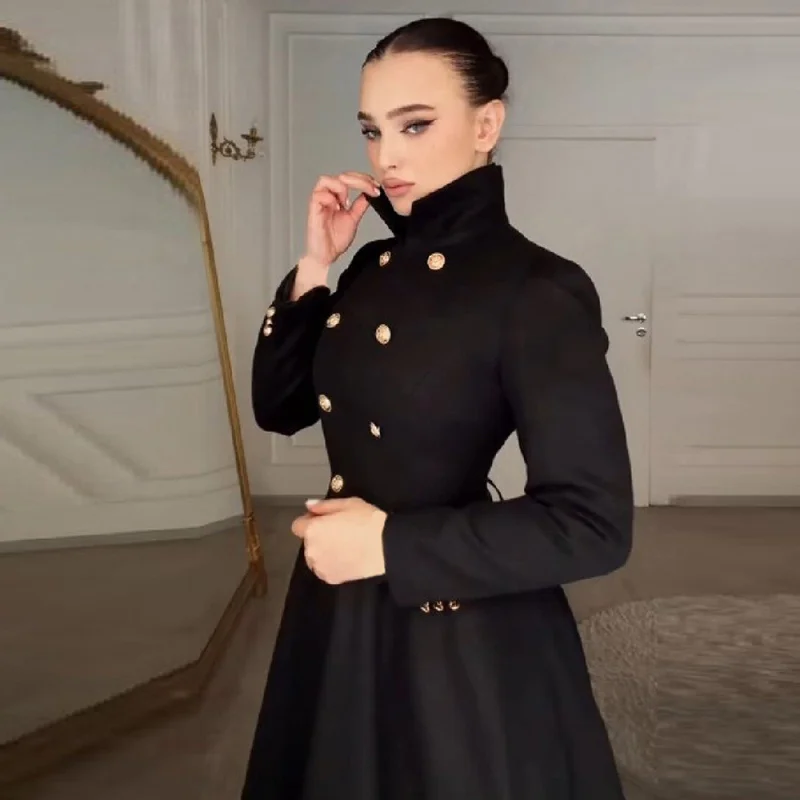 QICHE 2026 Women French Elegant Retro Hepburn Style Double Breasted Stand Collar Waist Cinched Swing Woolen Coat Outerwear