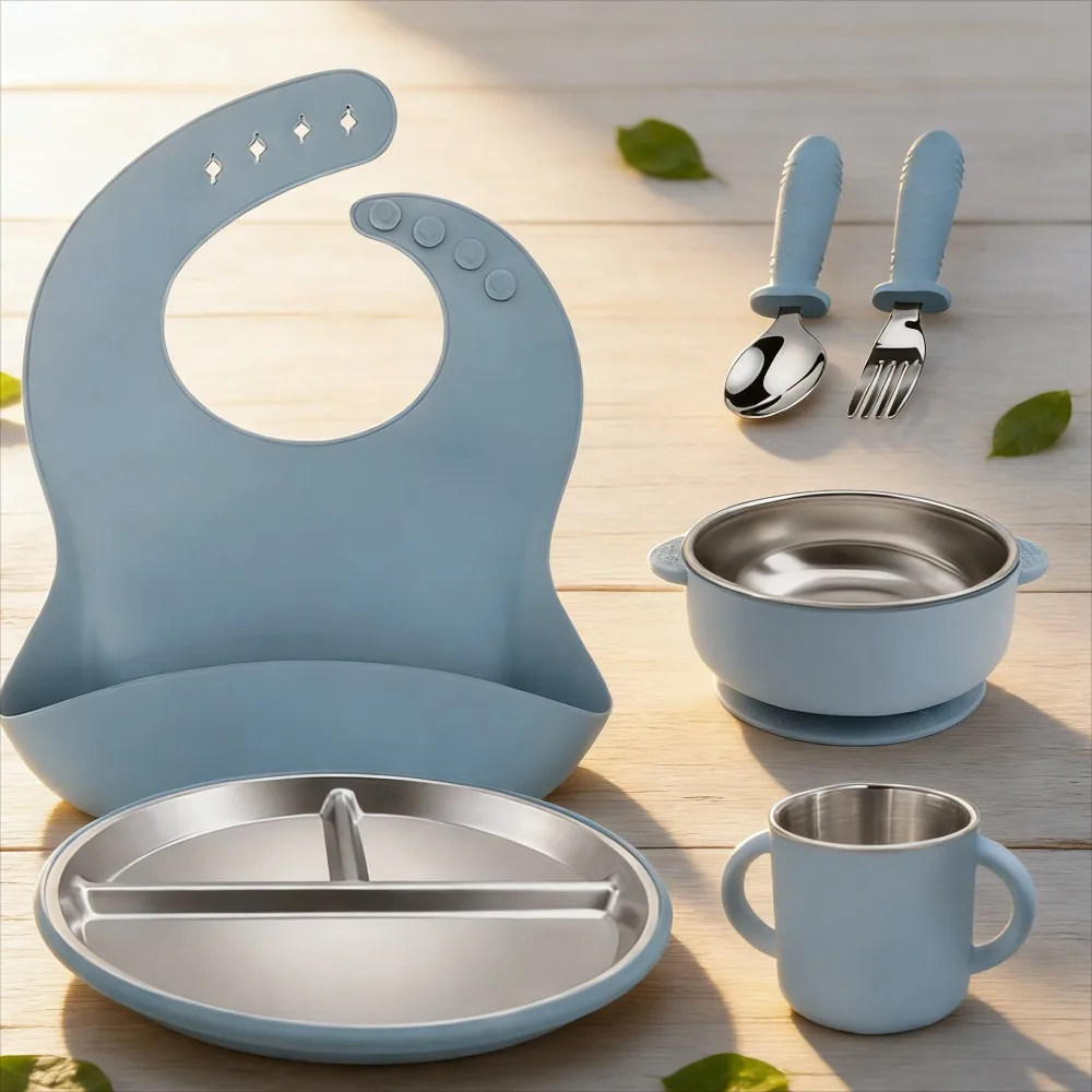 

Toddler Stainless Steel Plate Double Ear Silicone Cup Food Grade Baby Grip Training Cup Spill Proof Feeding Cup