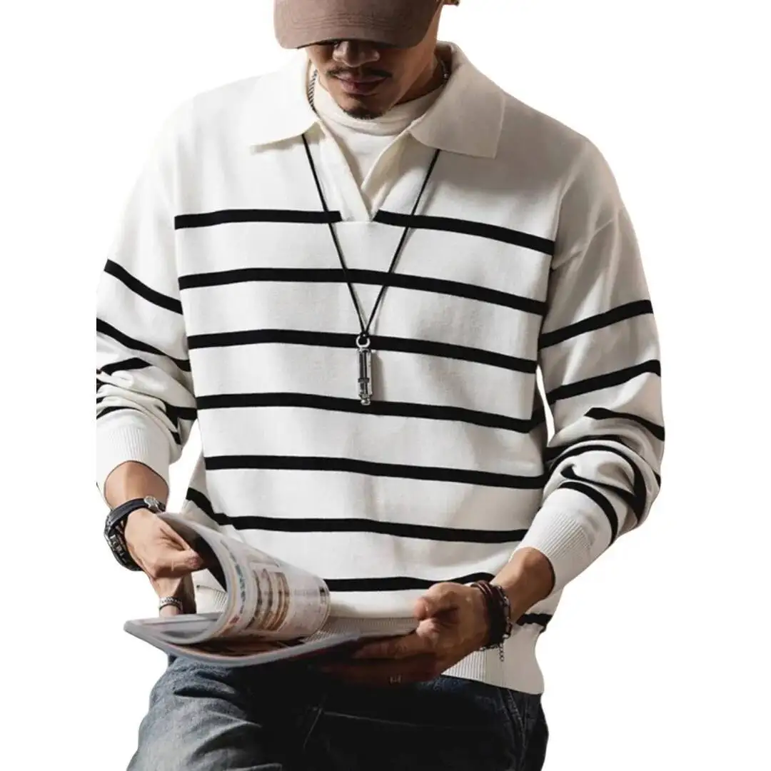 Men's Striped Sweater Retro Classic Striped Long Sleeve Sweater Autumn Winter New Fashion Knitwear Basic