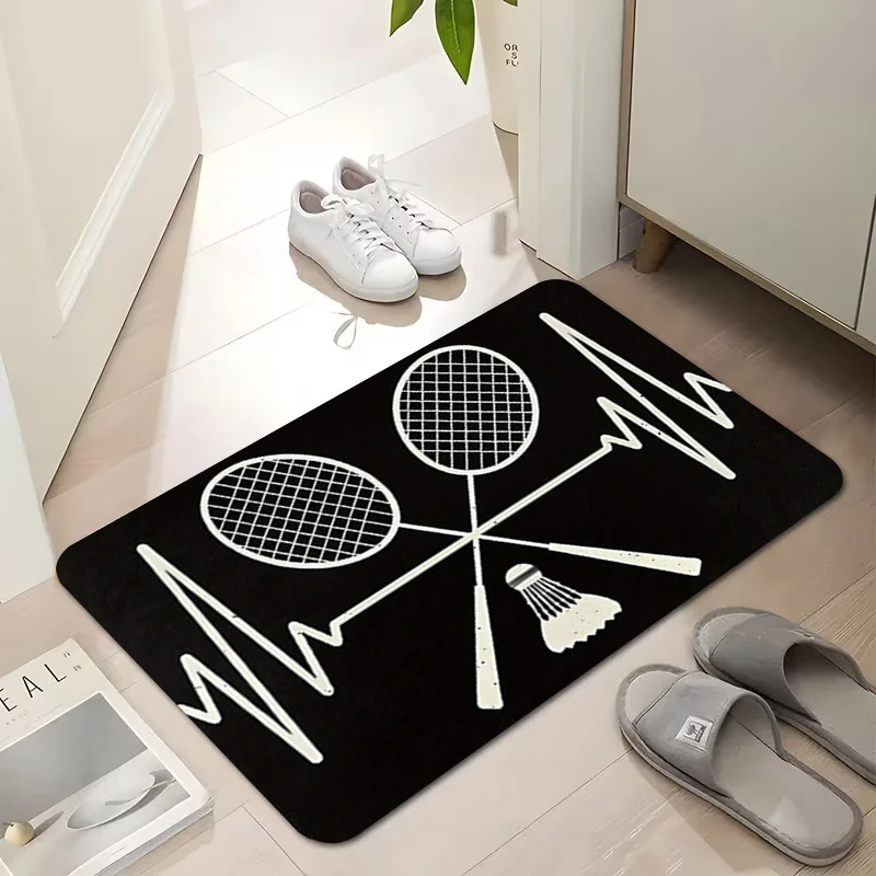 Badminton Heartbeat Doormat, Racket Shuttlecock Rug, Sports Lover Floor Mat, Non-Slip Entryway Carpet, Gym Home Decor Gift