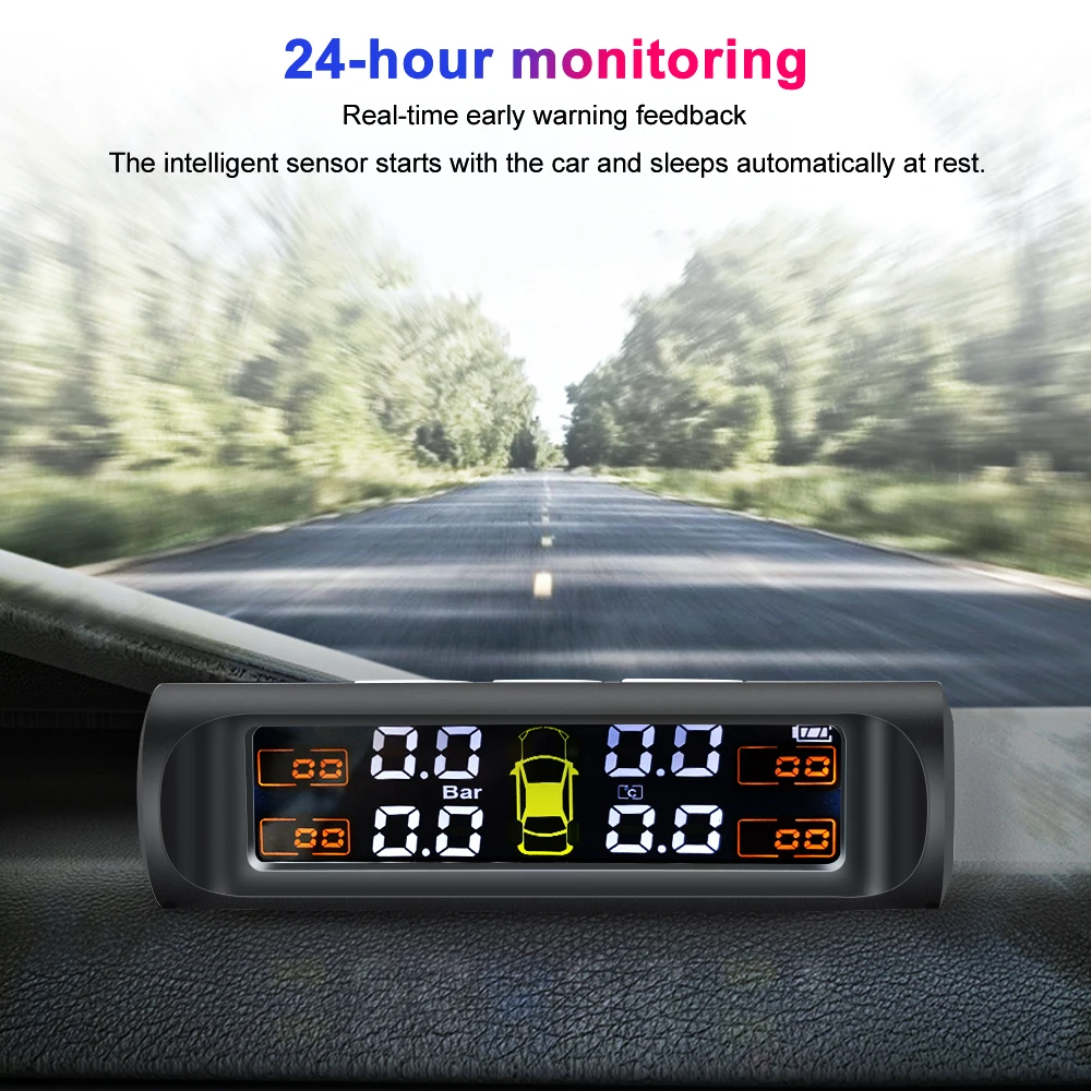 TPMS Solar Power TPMS Car Tire Pressure Alarm Monitor Auto Security System Tyre Pressure 360 Adjustable Temperature Warning