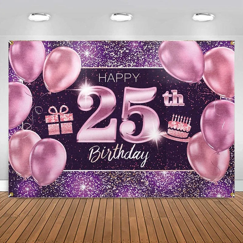 

Happy 25th Birthday Banner Backdrop - 25 Birthday Party Decorations Supplies for Women Her - Pink Purple Photography Background