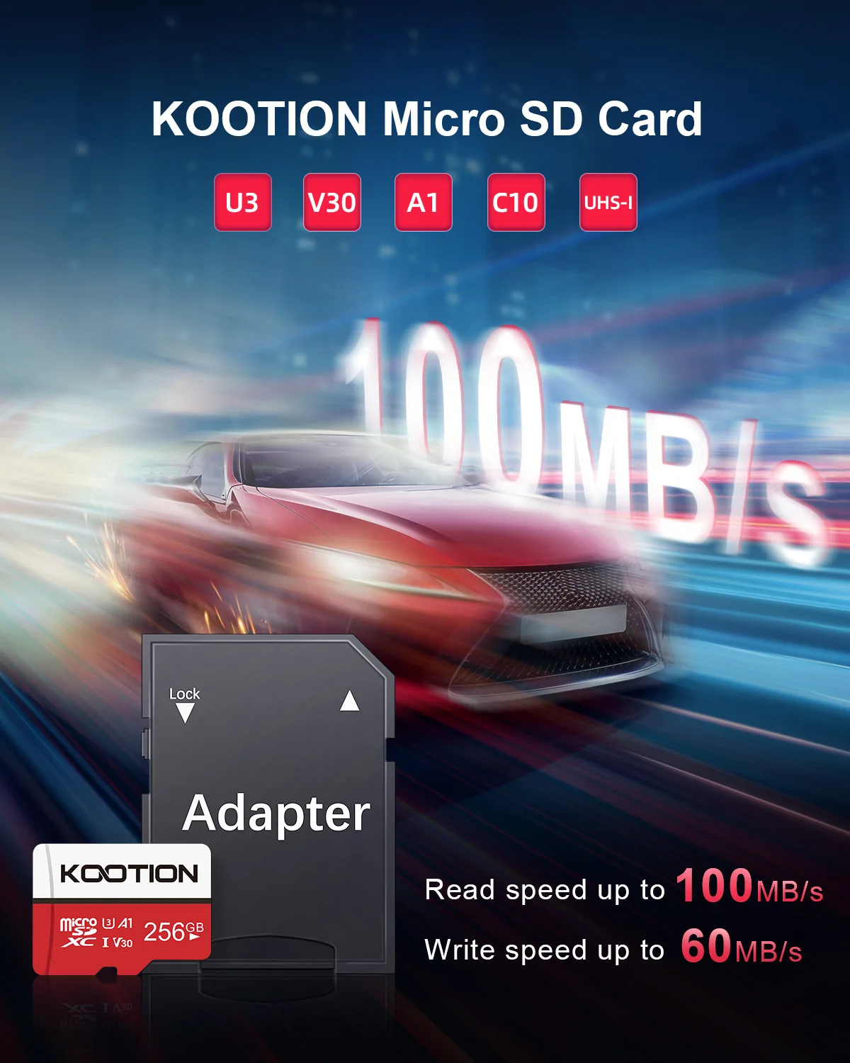 KOOTION 카메라 액션 카메라 드론용 마이크로 SD 카드 UHS-I U3 V30 4K, T1 256GB, 스마트폰 클래스 10, 128GB SDXC