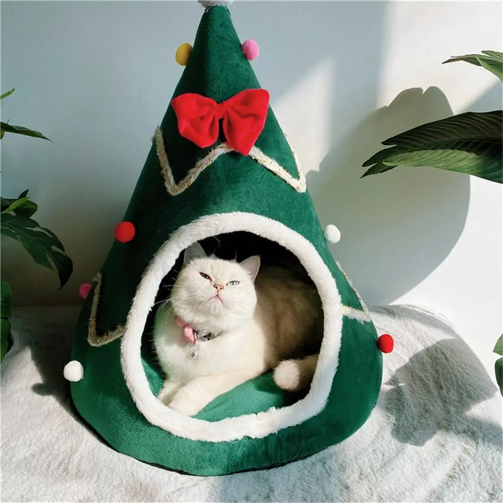 

Indoor Christmas Tree Cat Bed with Detachable Pillow Plush Warm Cave Style Pet House Tent Cozy Christmas Gift for Cats.