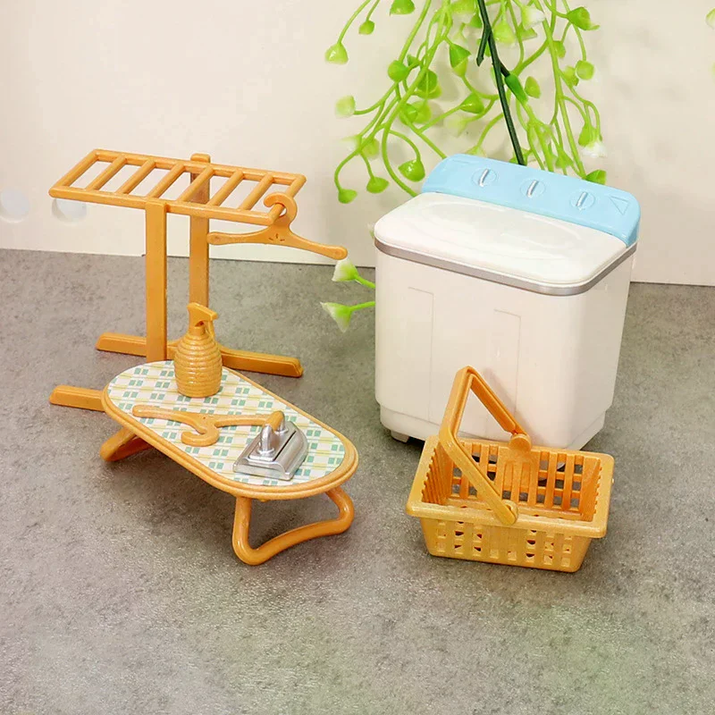 1:12 Dollhouse Miniature Washing Machine Clothes Drying Rack Iron Laundry Set Decor Toy Doll Furniture Kid's Pretend Play Toy