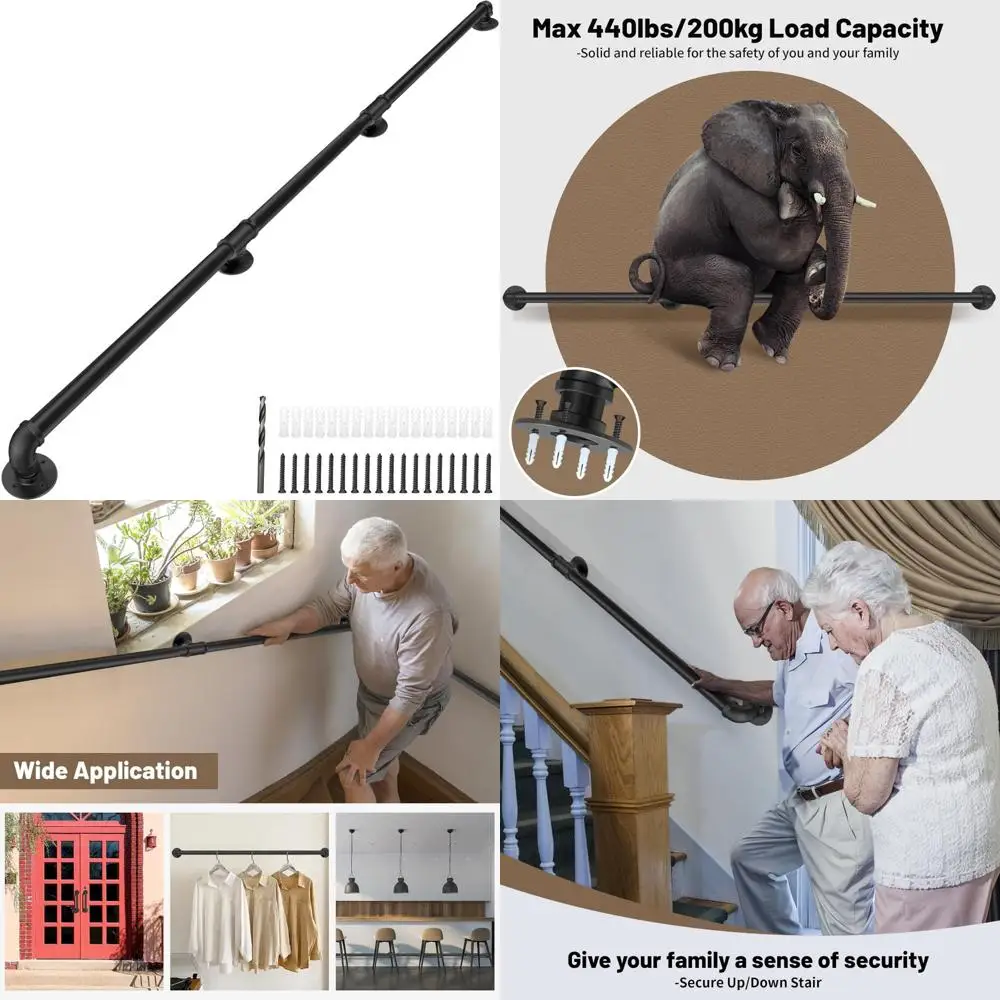 درابزين الدرج الصناعي المثبت على الحائط، بطول 10 أقدام، 1.3 متر للسلالم الداخلية، فولاذ مجلفن أسود، قضبان إمساك آمنة