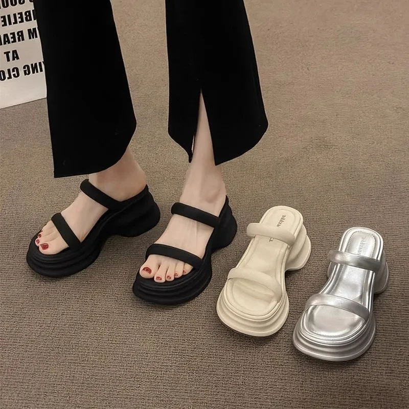2026 Women's Summer High Heel Slippers Outdoor Wear Thick Bottom Beach Skirts Sandals Platform Comfortable Fashion Wedge Slides