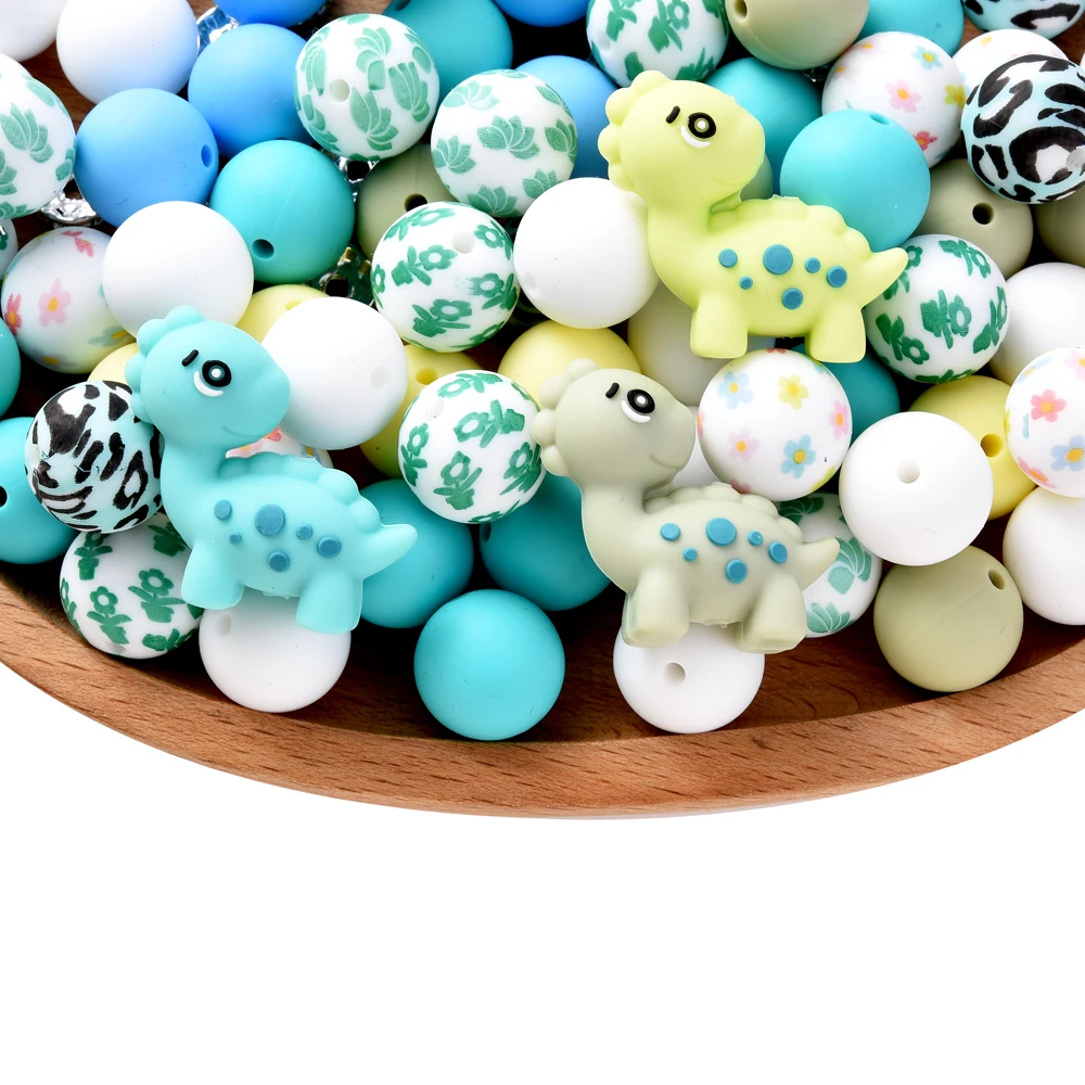 28Pcs Silicone Bead Set Dinosaur Shaped&Round Beads For Teething Infant Chewable Dummy Necklace Pacifier Chian Making