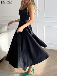 ZANZEA Women Satin Waisted Tank Dresses Vintage Sexy Strap Dress Summer Fashion Square Collar Maxi Vestidos Holiday Party Robe