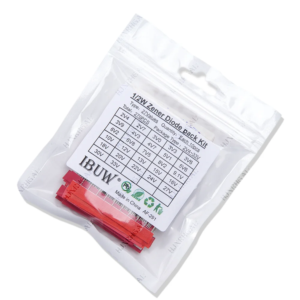 270 pçs/lote 0.5W Kit de Diodo Zener Conjunto de Sortimento 1/2W 2V4-33V Pacote de Diodo Zener 12V 18V 5V1 5V6 3V3 3V6 4V3 4V7 6V2 6V8 7V5 20V 22V