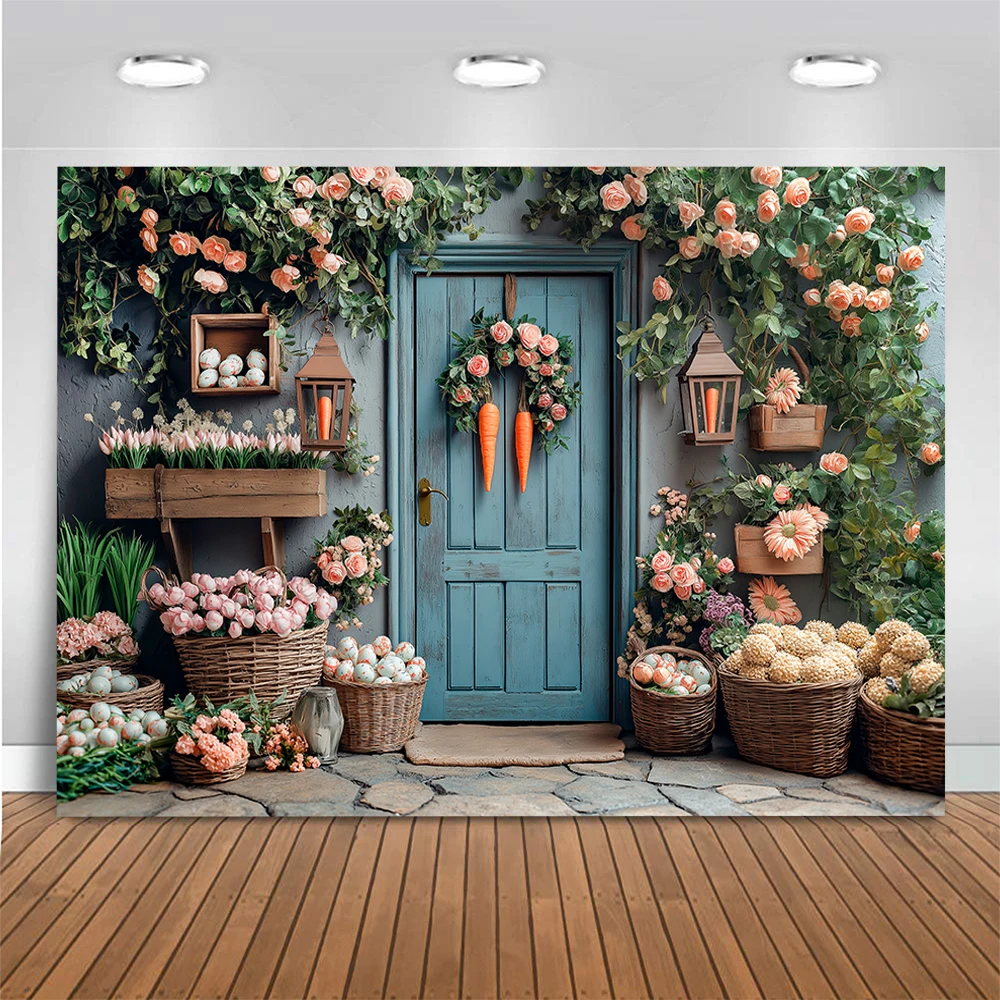 Easter Photography Backdrop Easter Egg Rabbit Blue Wooden Door Blooming Flowers And Plants Kids Party Decor Photography Studio