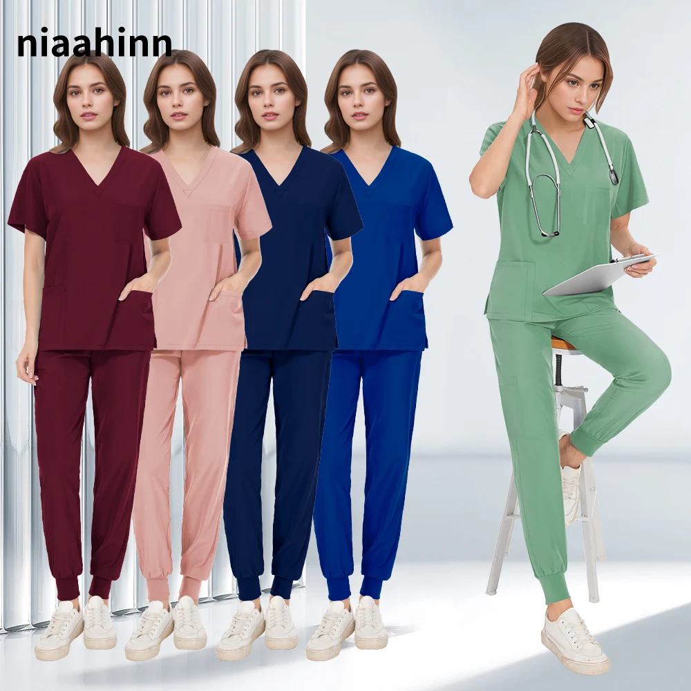 Multicolor Pet Doctor Scrub Medical Workwear Scrubs Uniform Suit V-neck Tops+jogger Pants Set Short Sleeve Nursing Uniform Women