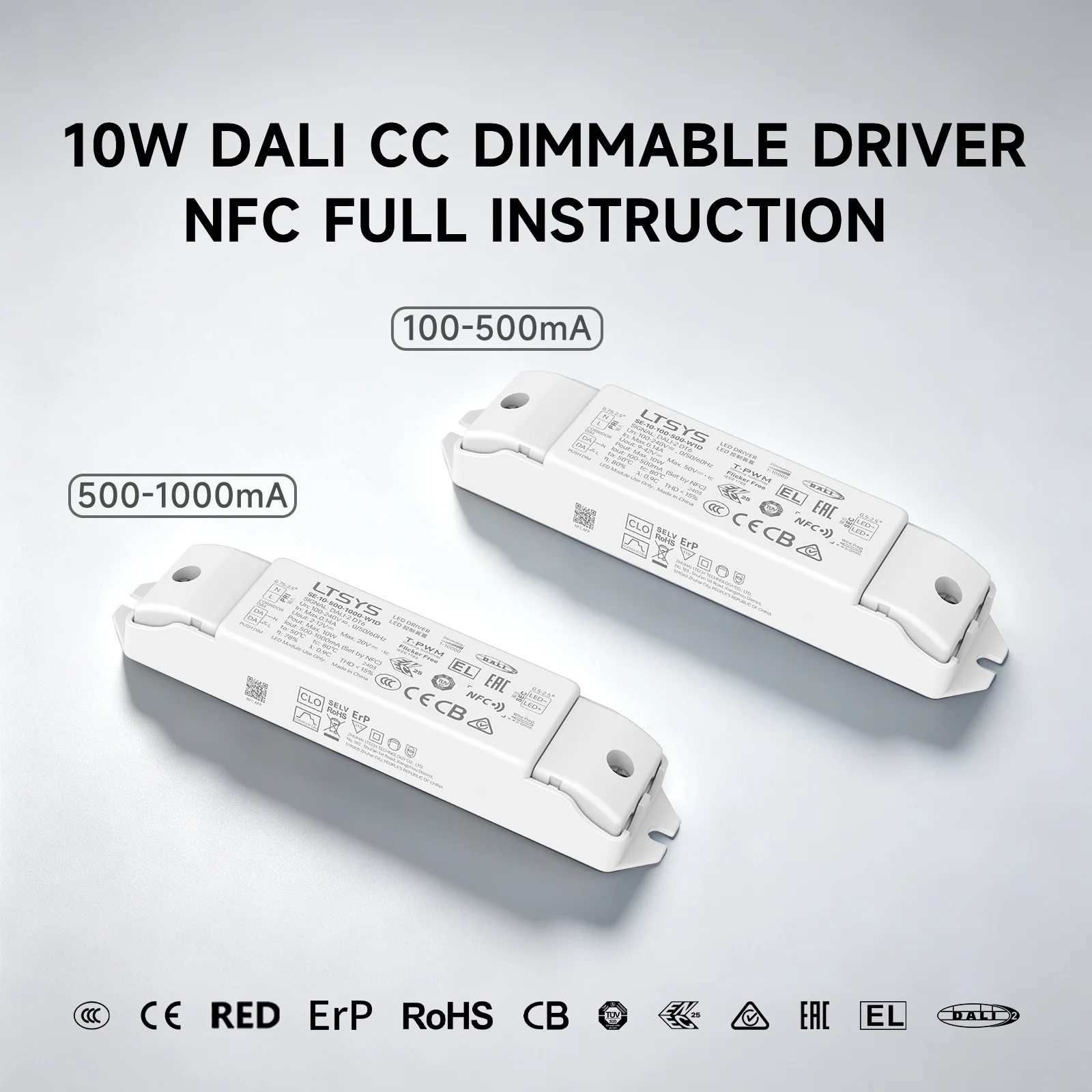 DALI 10W NFC Constant Current Driver,1CH,100-240V AC,NFC Adjustable Current,High PF Design CB,ENEC,RCM,EAC,EL,DALI-2