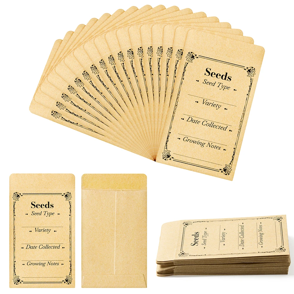 

200Pcs Seed Saving Envelopes Sealable Self Adhesive Brown Kraft Paper Collection Bag Storage for Vegetable Flowers Plants Seed