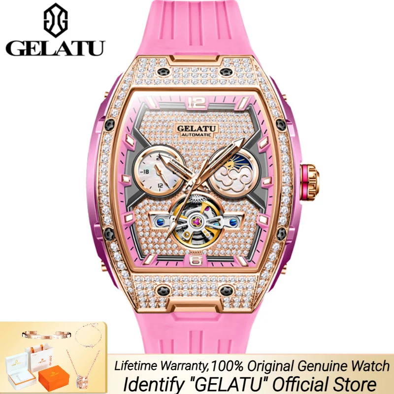 

GELATU 6016, женские часы, автоматические механические часы со скелетом, силиконовый ремешок с автоматической датой, оригинальный комплект женских часов
