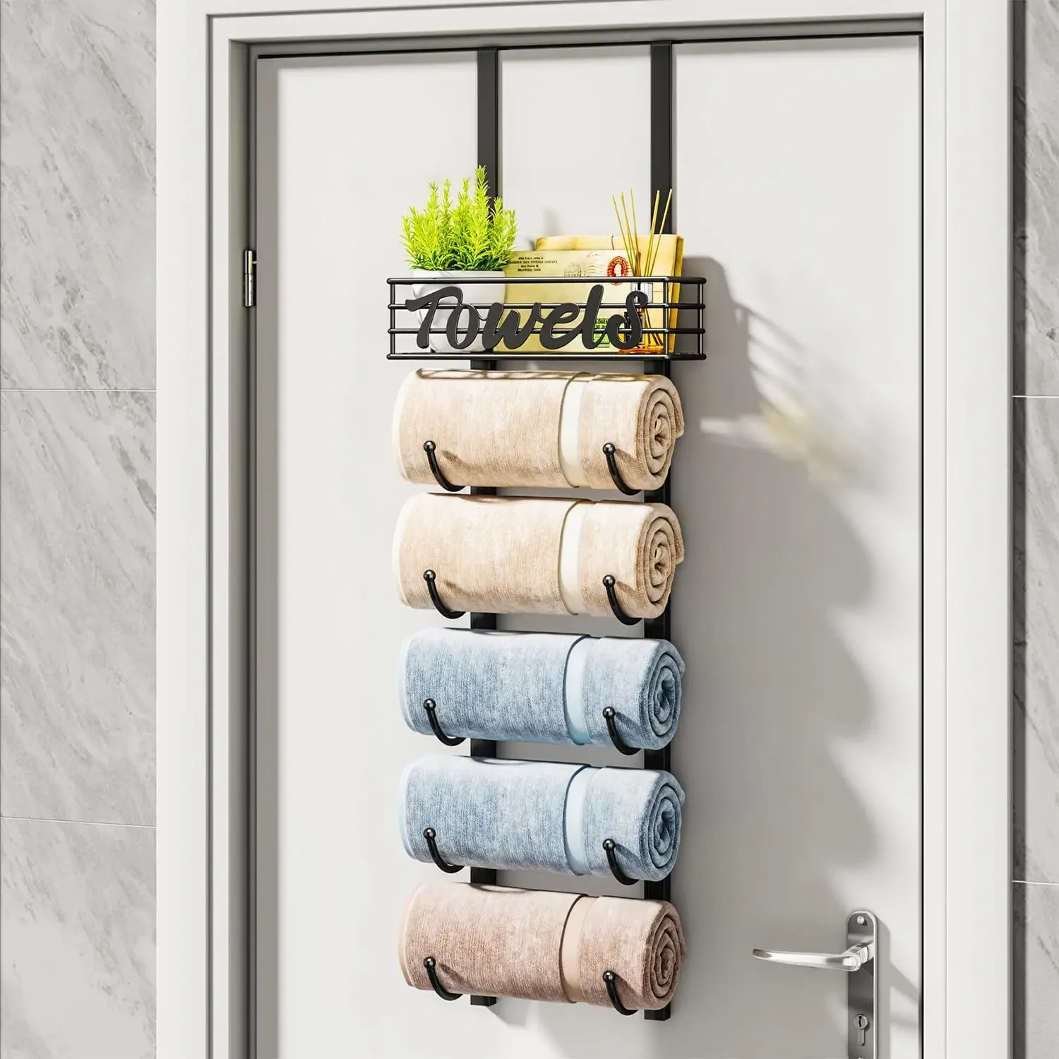 6th floor bathroom, wall-mounted towel rack with metal rack, rolled towel storage door hanging towel storage