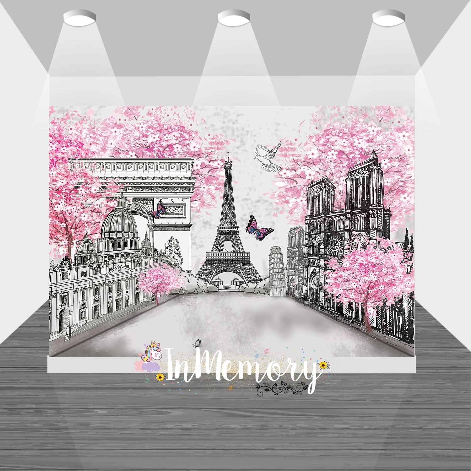 Pink Gray Flowers Photography Backdrop Children Paris Eiffel Themed Birthday Party Background  European City Photo Booth