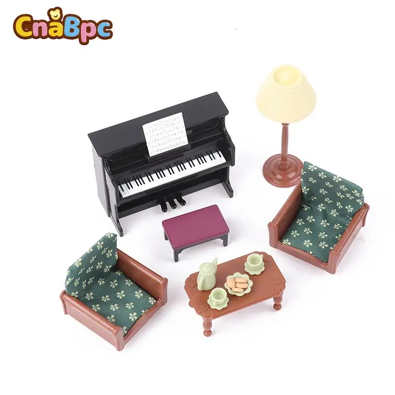 

1Set Dollhouse Mini Instrument Piano Sofa Coffee Table Living Room Furniture Model For Dollhouse Family Scene Decor Accessories