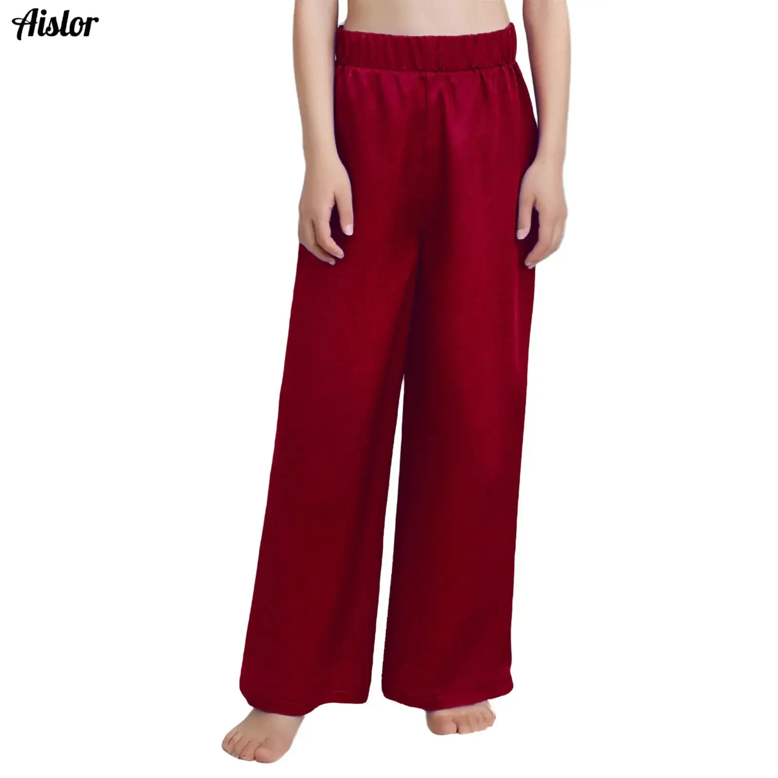 

Kids Girls Boys Worship Praise Dance Pants Elastic Waistband Solid Color Glossy Satin Wide-Leg Trousers Lyrical Modern Dancewear