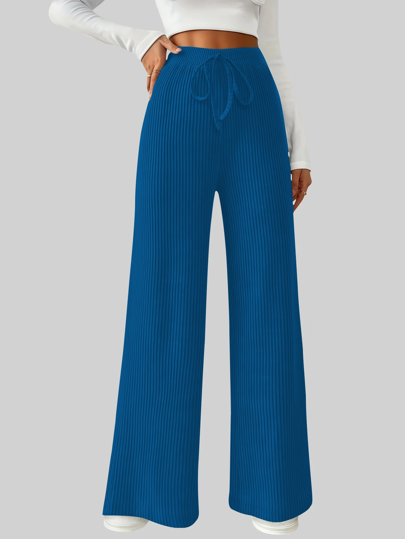 Einzelstück, einfarbig, einfach, vielseitig, lässig, elastische Taille, lange Damenhose, lässig, Basic-Stil, gestrickt, dehnbar, lockere Hose mit weitem Bein, mehrere Farboptionen